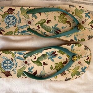 Tory Burch Floral Sandals - Teal and Beige